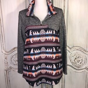 Fashion Express Pullover 1/4 Zip Tribal Graphic Long Sleeve Sweat Shirt Size M